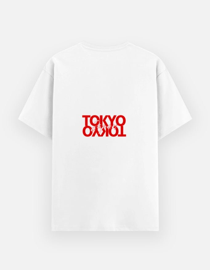 Neo Tokyo Tee featuring a bold red graphic of Tokyo typography on a white background.