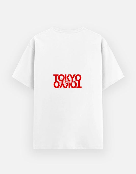 Neo Tokyo Tee featuring a bold red graphic of Tokyo typography on a white background.