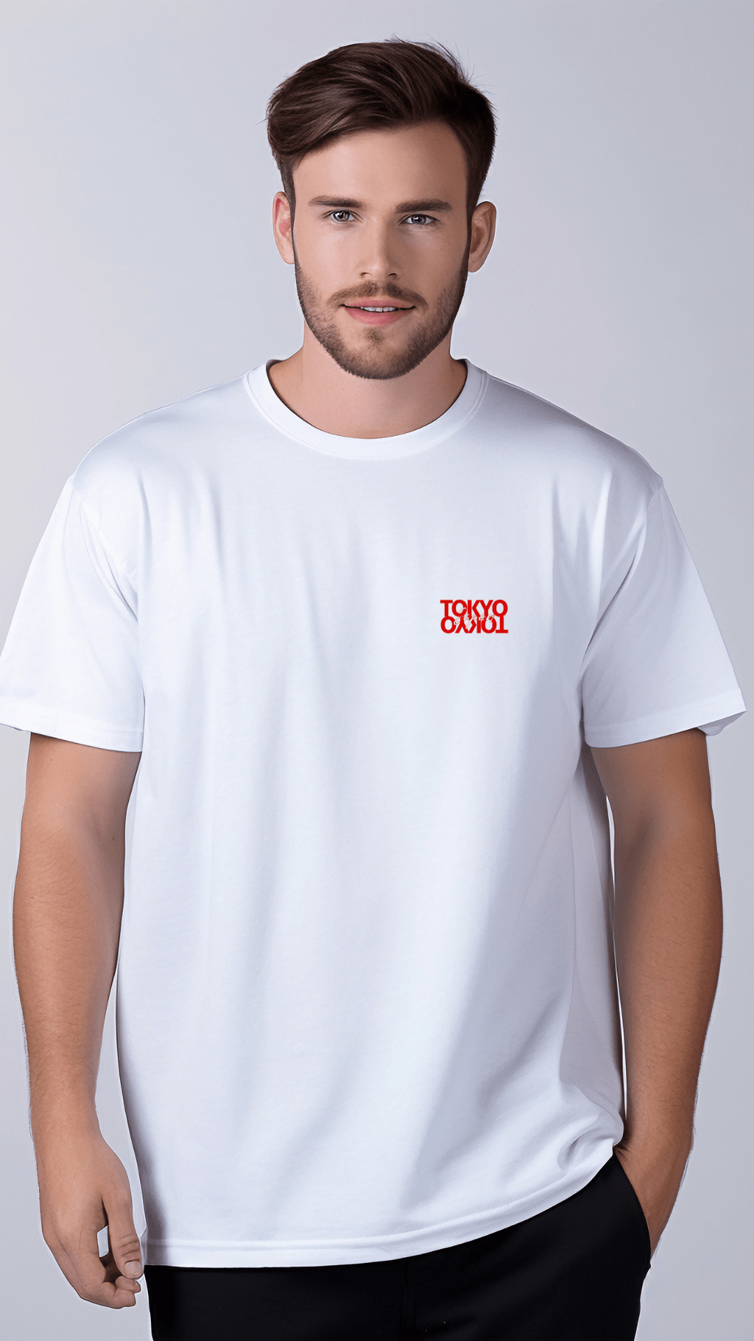 Neo Tokyo Tee worn by a model, showcasing its red graphic inspired by Tokyo street culture.