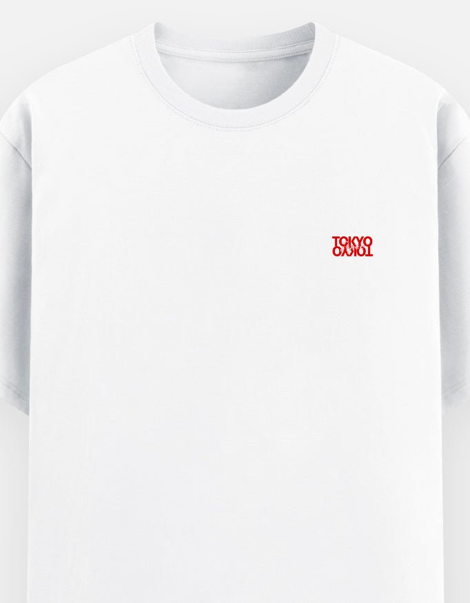 Neo Tokyo Tee featuring red Tokyo graphic on a white cotton t-shirt for modern streetwear style.
