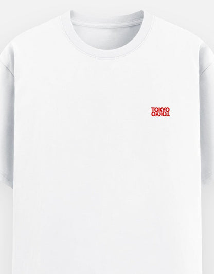 Neo Tokyo Tee featuring red Tokyo graphic on a white cotton t-shirt for modern streetwear style.