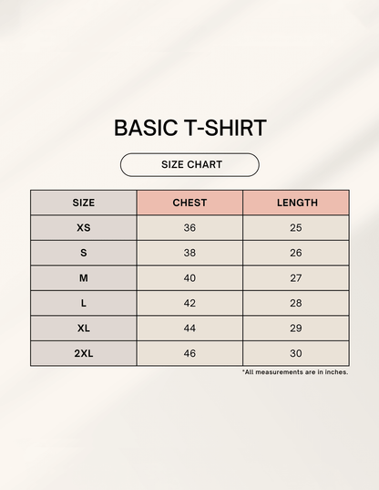 Size chart for the Basic T-Shirt showing measurements in inches for XS, S, M, L, XL, 2XL.